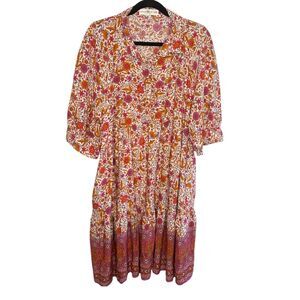 Natural Life Becca Mini Dress Cream Pink Border Size XXL Boho Cottagecore Flowy